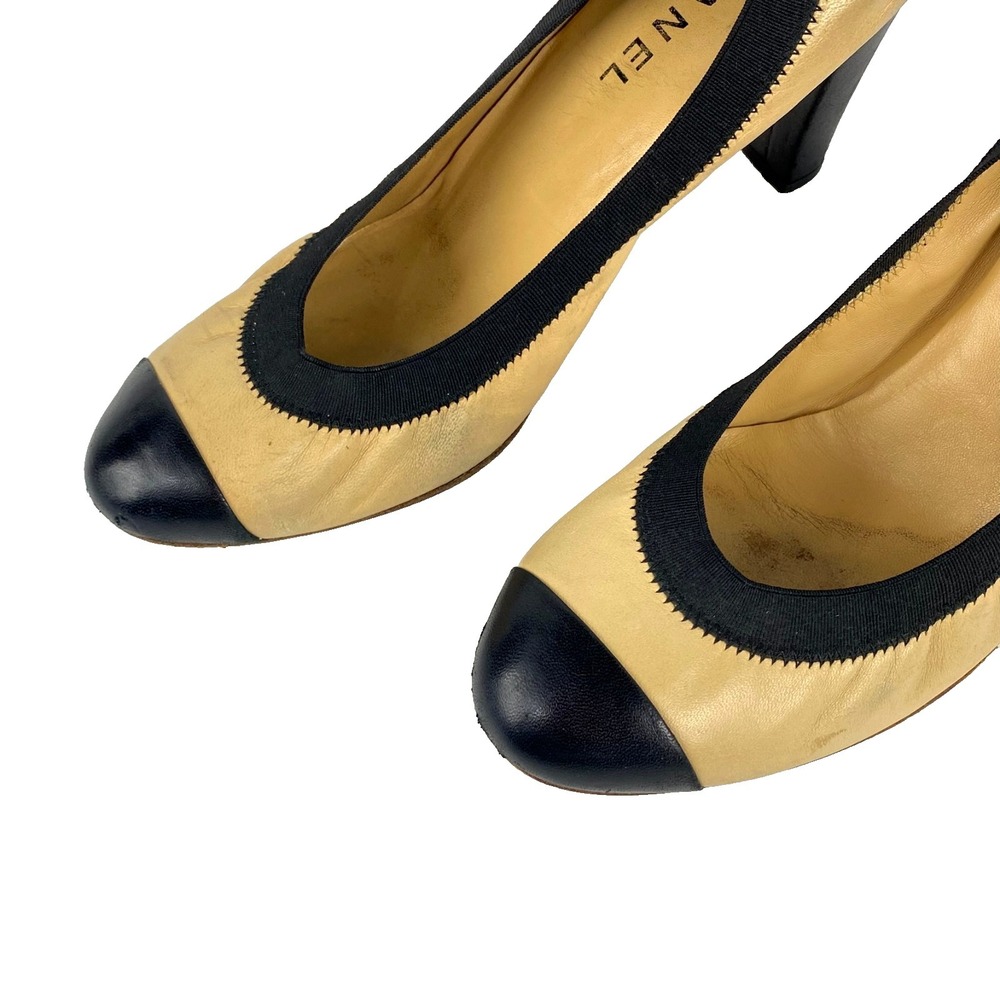 Chanel Leather Pumps Women 40.5 Beige Black Sz 8.5 Luxury Vintage Shoes Cap Toe - Picture 5 of 10